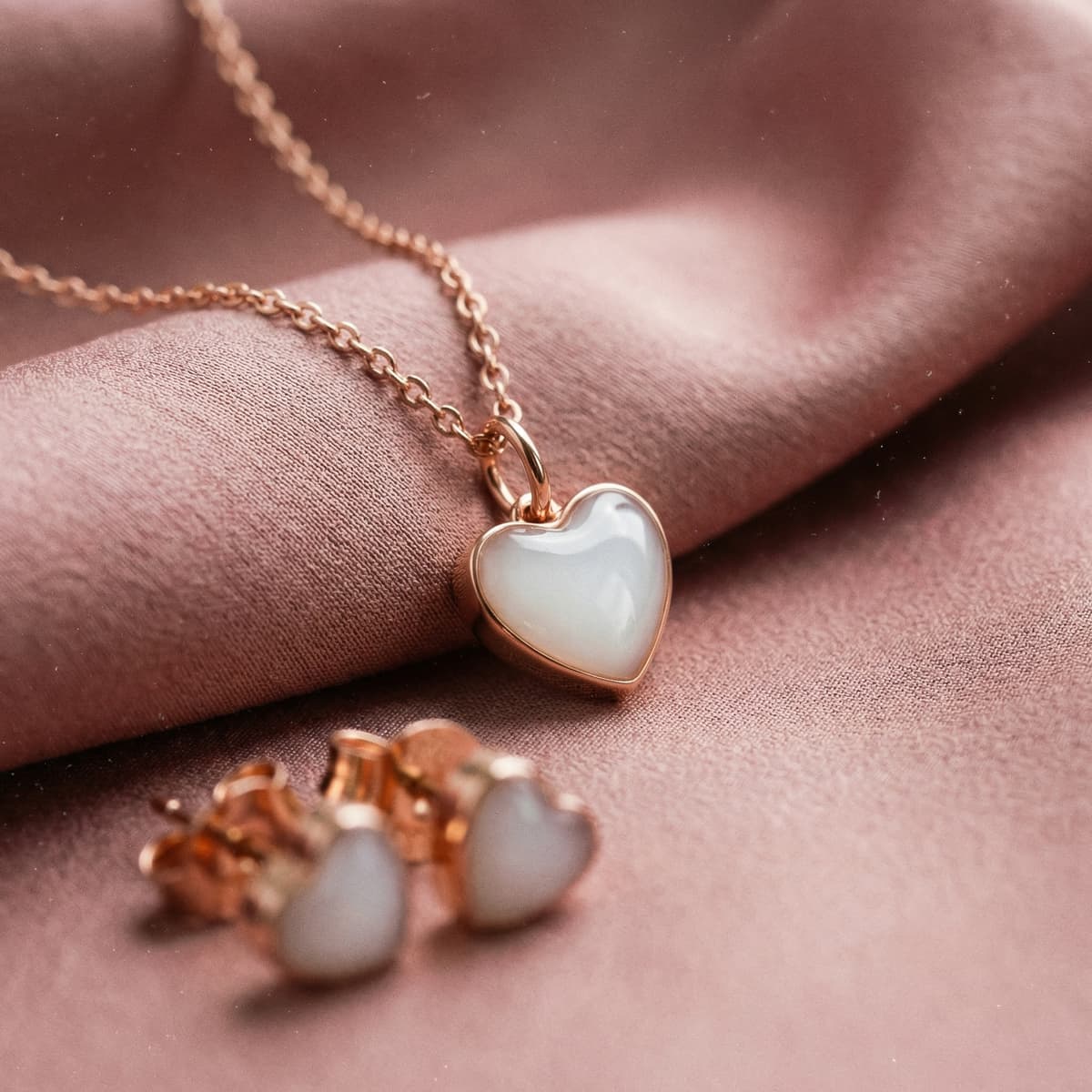 Rose gold heart pendant necklace and matching heart stud earrings featuring milky white resin, elegant breastmilk jewelry displayed on soft blush fabric