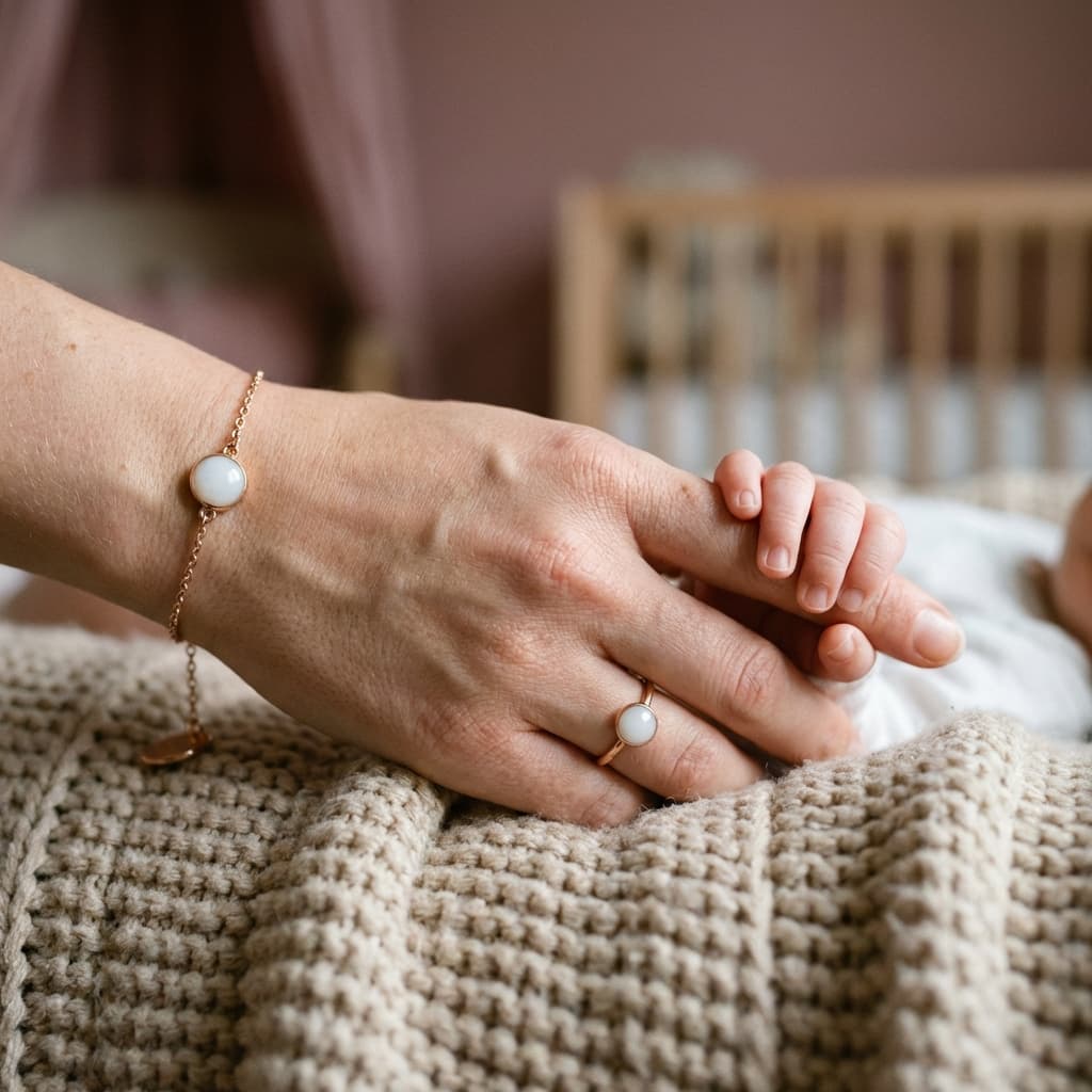 Mother holds a newborn’s tiny hand on a soft knitted blanket in a cozy nursery, wearing delicate breastmilk jewelry—a gold bracelet and ring with milky-white stone keepsakes.