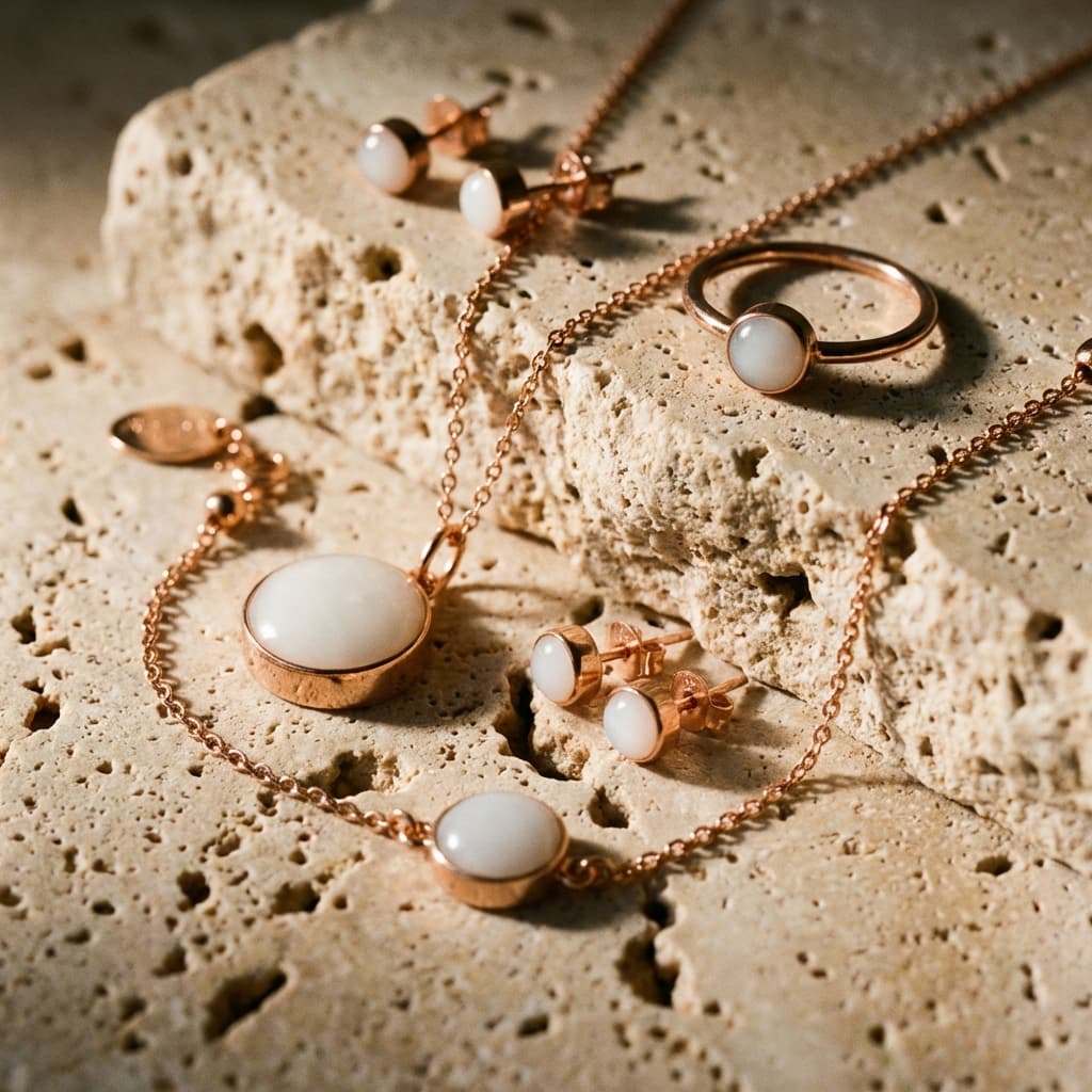 Rose gold jewelry set featuring breastmilk jewelry milky white resin stones, including matching necklace, ring, bracelet, and stud earrings on textured beige stone background