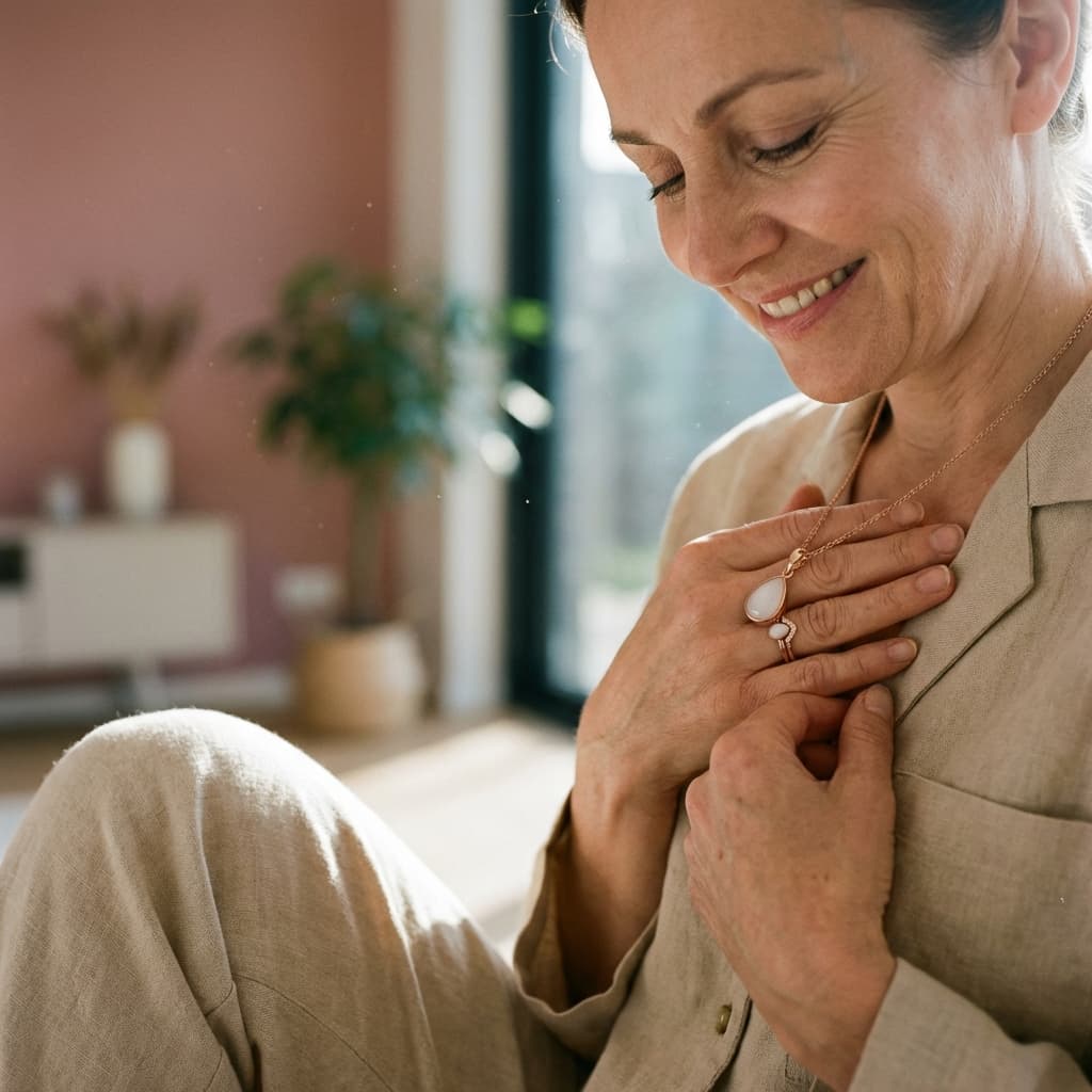 Mother smiling while holding an oval white pendant necklace, highlighting breastmilk jewelry as a meaningful, private at-home keepsake and why a DIY kit can be a good choice for making it yourself.