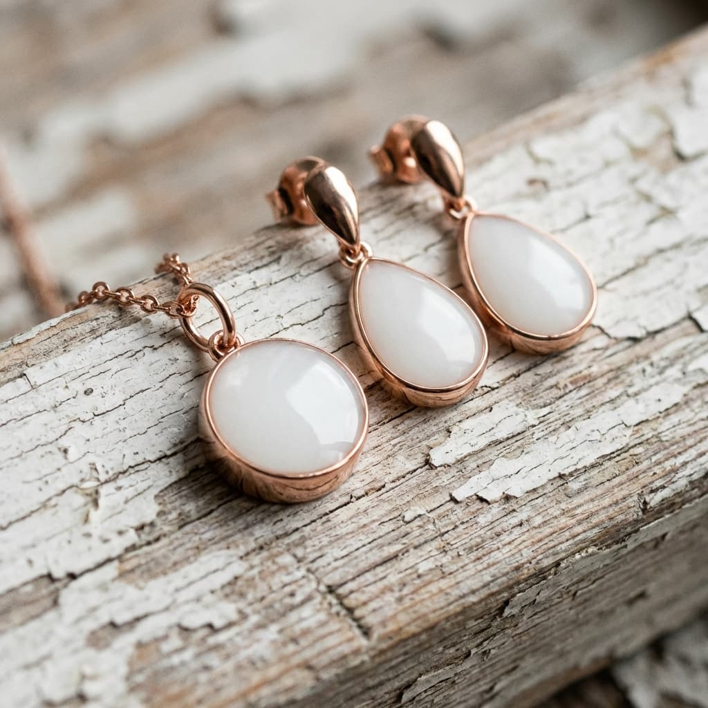 Rose gold pendant necklace and matching teardrop earrings created with a breastmilk jewelry kit, featuring smooth milky-white resin stones displayed on a rustic wooden surface