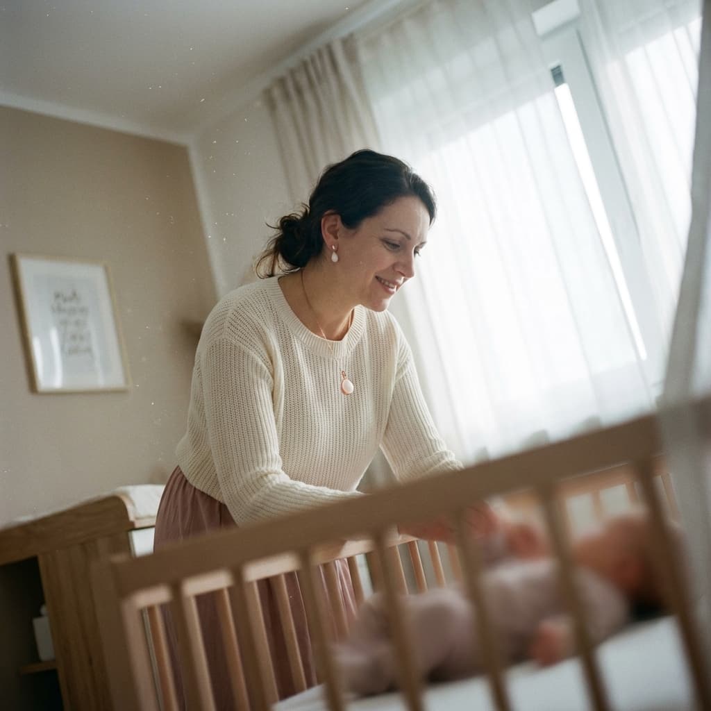 Mother smiling as she leans over a baby’s crib in a sunlit nursery, wearing a keepsake necklace made with a breastmilk jewelry kit.