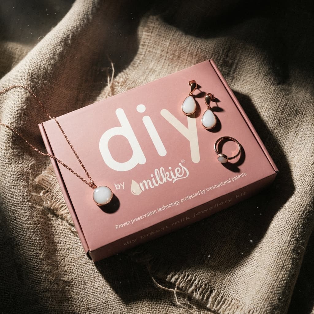DIY by Milkies at-home breastmilk jewelry kit box displayed on textured fabric alongside a rose-gold necklace, ring, and drop earrings with milky white resin stones highlighting patented preservation technology