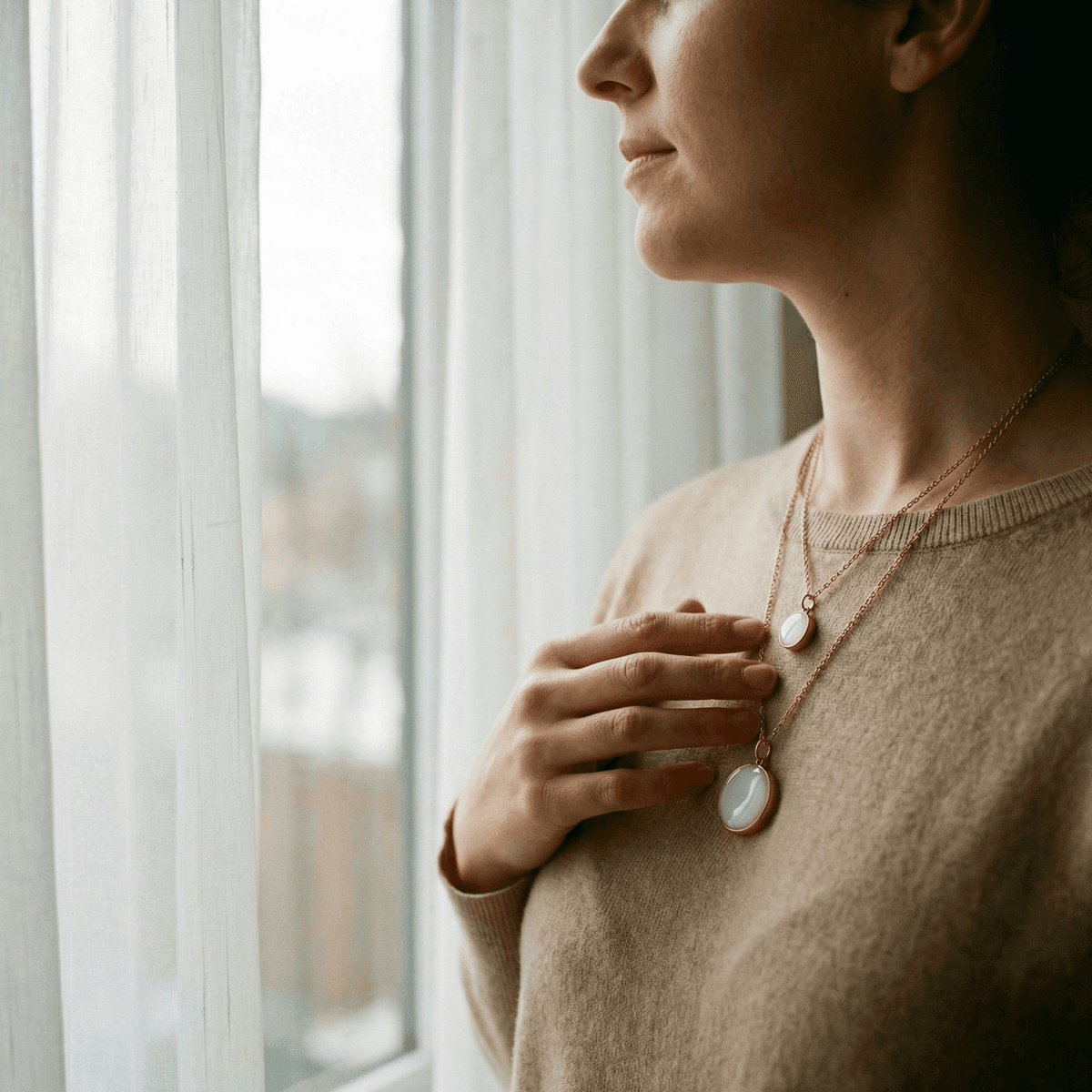 Woman standing by a window wearing layered gold necklaces with milky white resin pendants, holding a breastmilk keepsake jewelry piece gently against her chest.