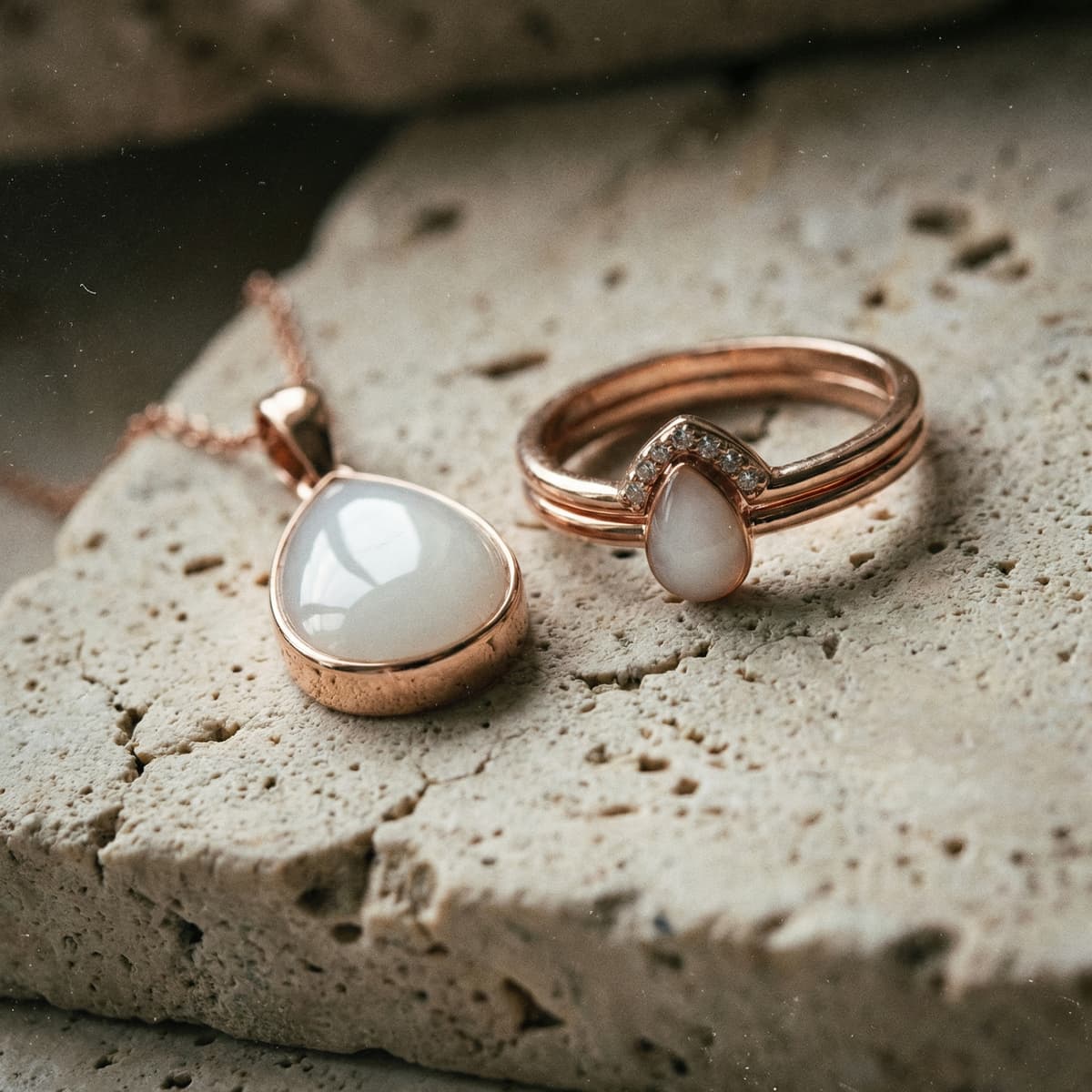 Rose gold ring and teardrop pendant with milky white resin stones, a delicate breastmilk keepsake jewelry set photographed on textured stone in soft natural light.