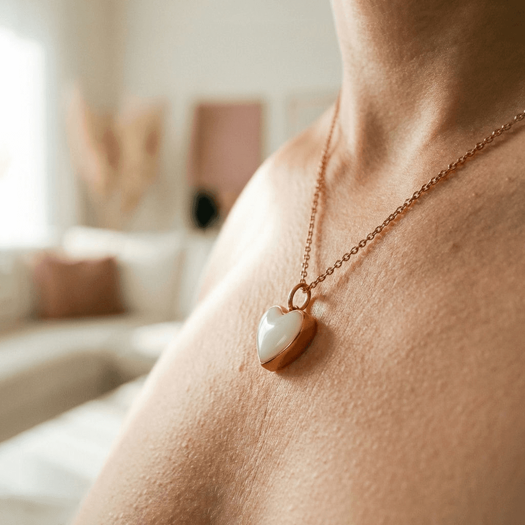 Rose-gold heart pendant breastmilk necklace with milky white resin keepsake on a delicate chain, worn at the collarbone in soft home lighting.