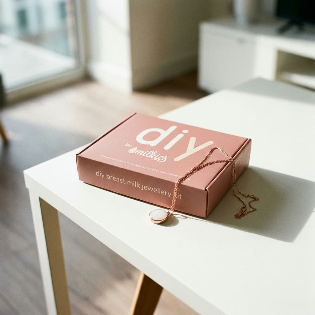 DIY by MILKIES at-home kit box with rose-gold pendant chain on a white table, showing supplies to make a breastmilk necklace keepsake using DIY breast milk jewellery resin.