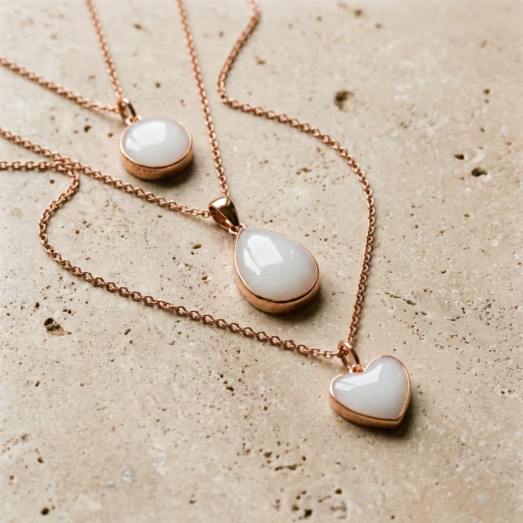 Rose gold pendants with milky white resin in teardrop, round, and heart shapes displayed on a textured stone background, showcasing breastmilk necklace keepsake designs.