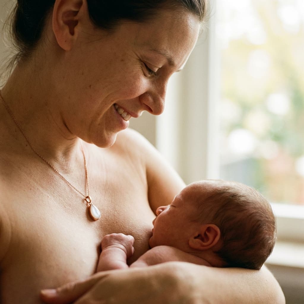 Smiling mother breastfeeding her newborn while wearing a breastmilk necklace, highlighting why an at-home DIY by MILKIES keepsake kit is a meaningful way to preserve this special moment.