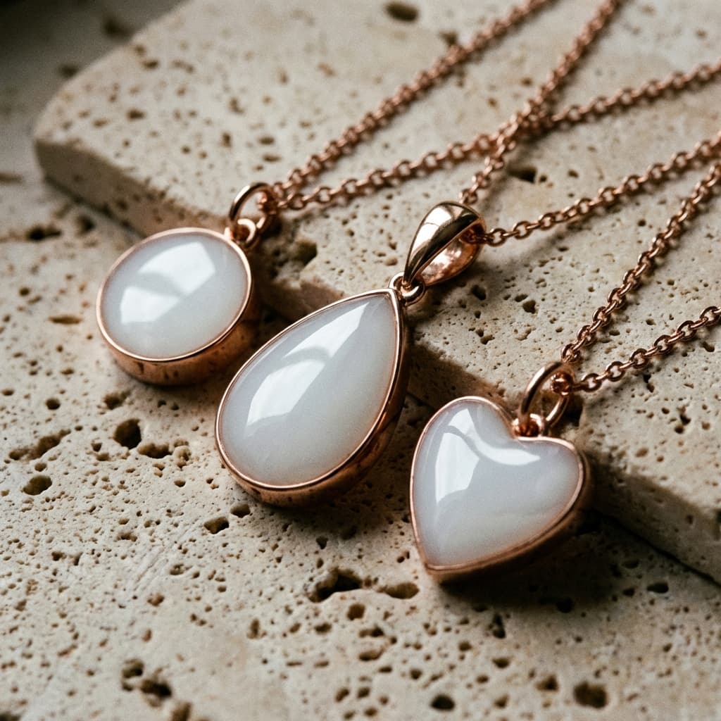 Rose gold pendants in oval, teardrop, and heart shapes filled with milky white resin, showcasing a breastmilk necklace diy kit keepsake jewelry set arranged on a textured stone surface.