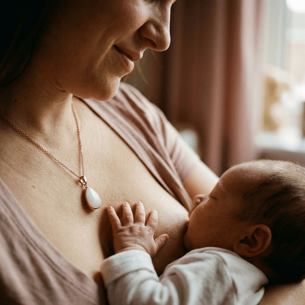 Mother breastfeeding her baby while wearing a creamy white teardrop pendant, showing why a breastmilk necklace diy kit is a meaningful at-home way to preserve a special breastfeeding moment as a keepsake.