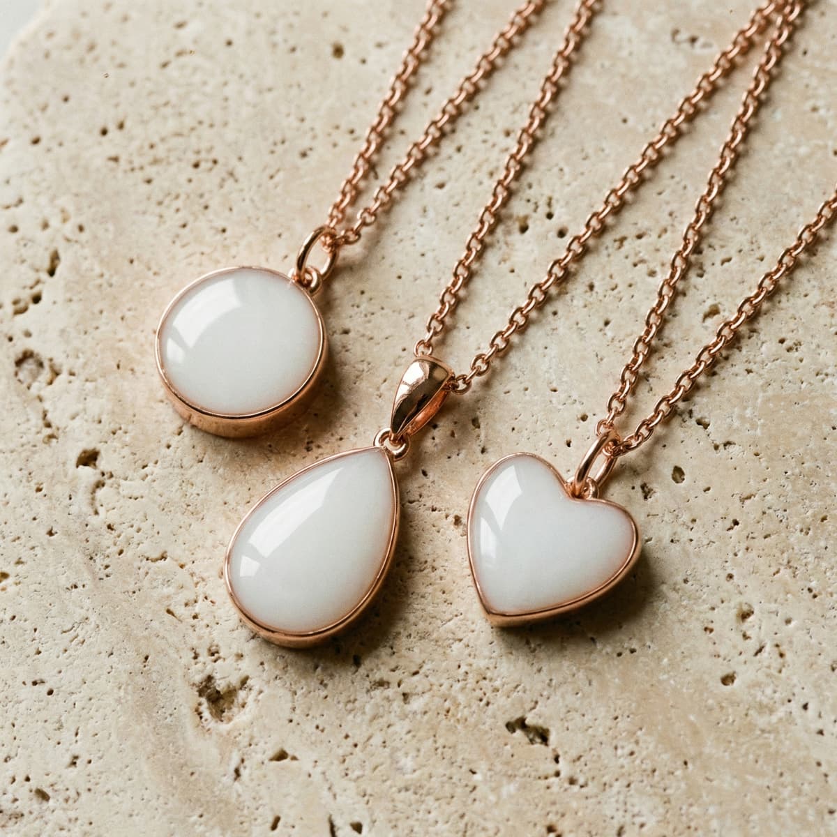 Rose gold round, teardrop, and heart pendants made using a breastmilk necklace kit, displayed on a neutral stone background.