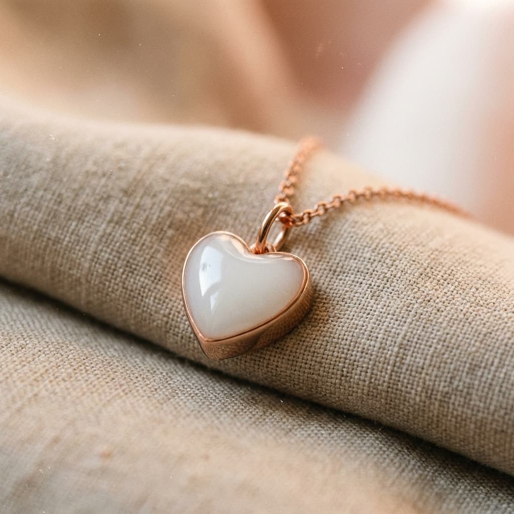 Heart-shaped breastmilk keepsake pendant on a rose-gold chain displayed on soft linen, created using a DIY breastmilk necklace kit with preserved liquid breastmilk resin.
