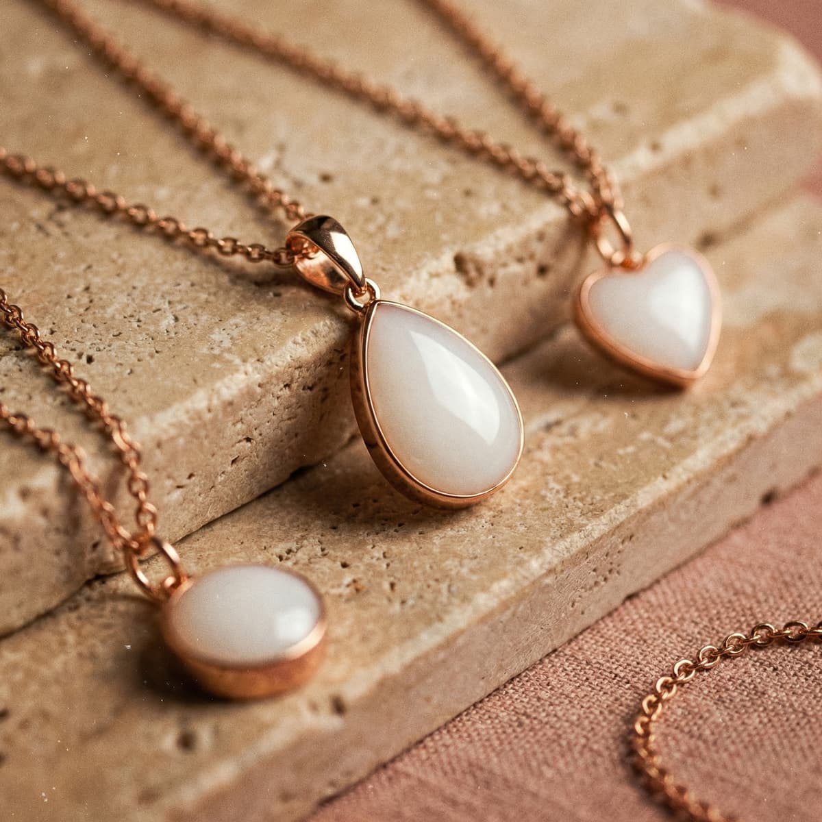 Rose gold keepsake jewelry featuring milky white resin teardrop, heart, and oval pendants that can be made with a breastmilk necklace making kit, arranged on a neutral stone surface.