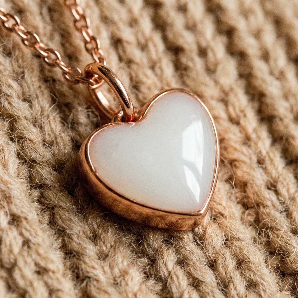 Handcrafted heart-shaped rose-gold pendant with a milky white resin center, showing how DIY by MILKIES breastmilk necklaces can be made at home as a meaningful keepsake for moms who want a hands-on, private option.