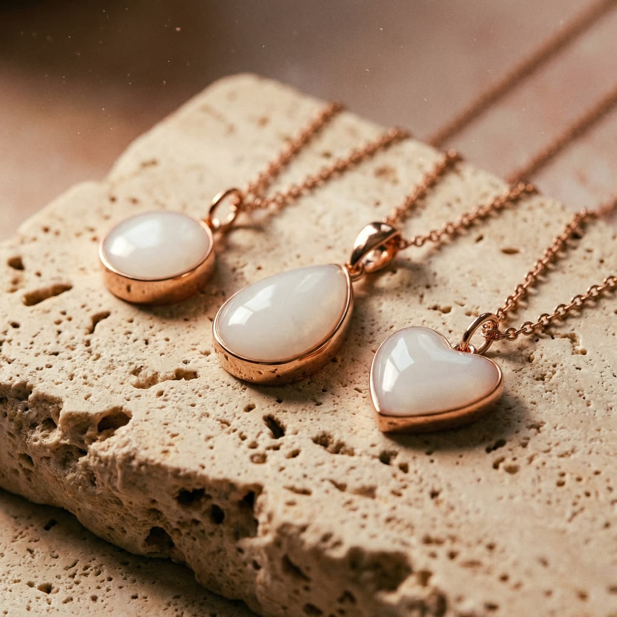 Rose gold pendant samples from a keepsake jewelry set featuring round, teardrop, and heart milky white resin stones, illustrating a breastmilk necklaces diy kit for making breastmilk preservation necklaces at home.