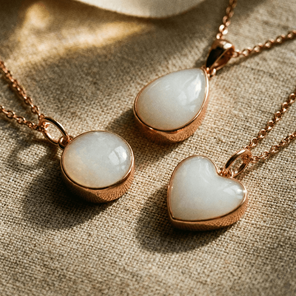 Rose gold pendants with milky white resin stones in heart, teardrop, and round shapes displayed on textured linen fabric as part of a DIY breastmilk necklaces kit for keepsake jewelry making.