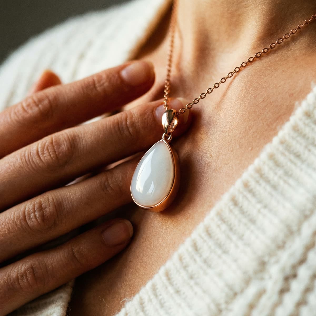 Close-up of a woman wearing a teardrop breastmilk keepsake pendant on a rose-gold chain, showing the finished jewelry made with a breastmilk necklaces kit.