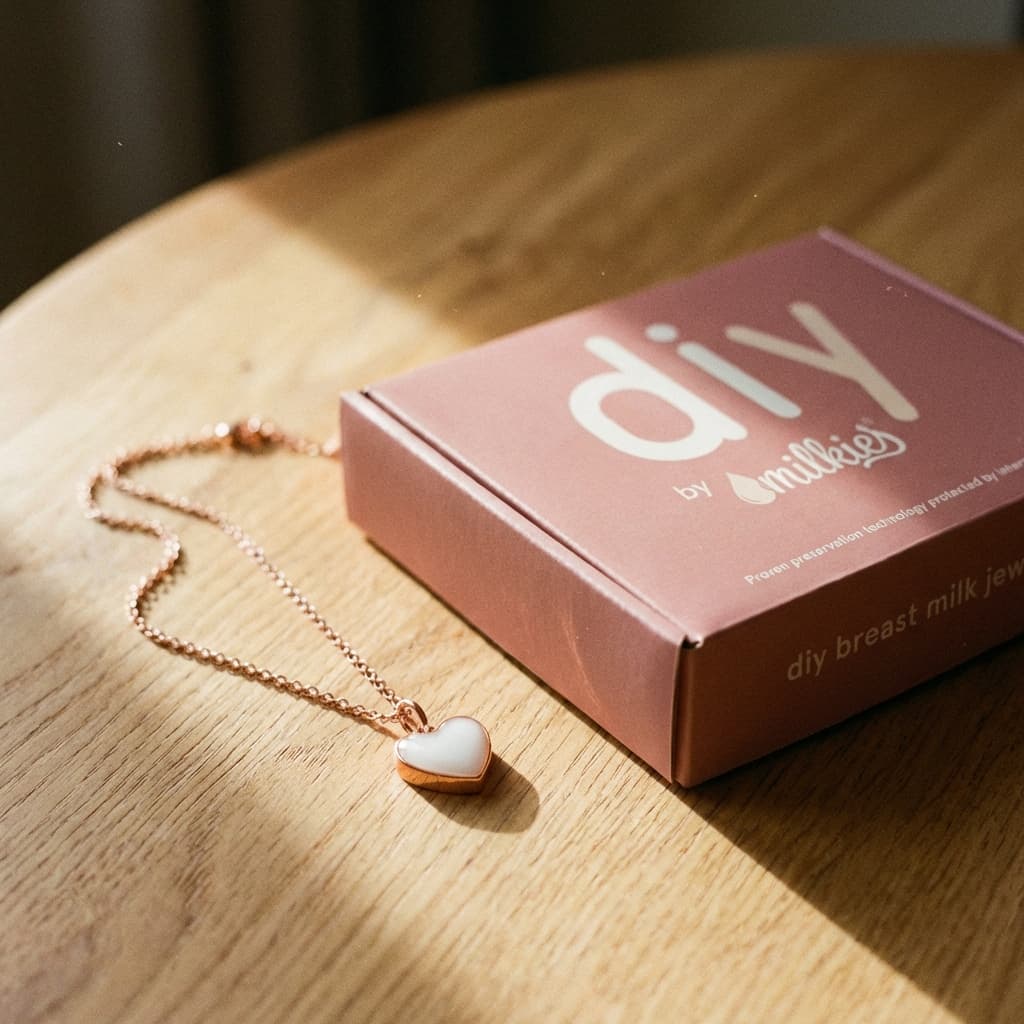DIY by MILKIES at-home breastmilk necklaces kit displayed on a wooden table, featuring a pink DIY box and a rose-gold heart pendant necklace in warm sunlight.