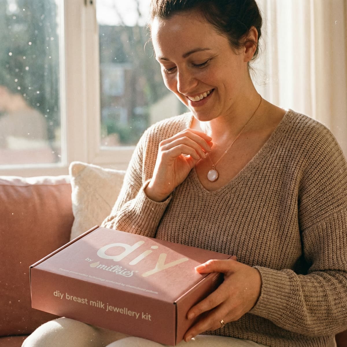 Smiling mom at home holding a DIY by MILKIES box, showing why a breastmilk necklaces kit is a convenient, meaningful way to create a personal keepsake pendant in privacy.