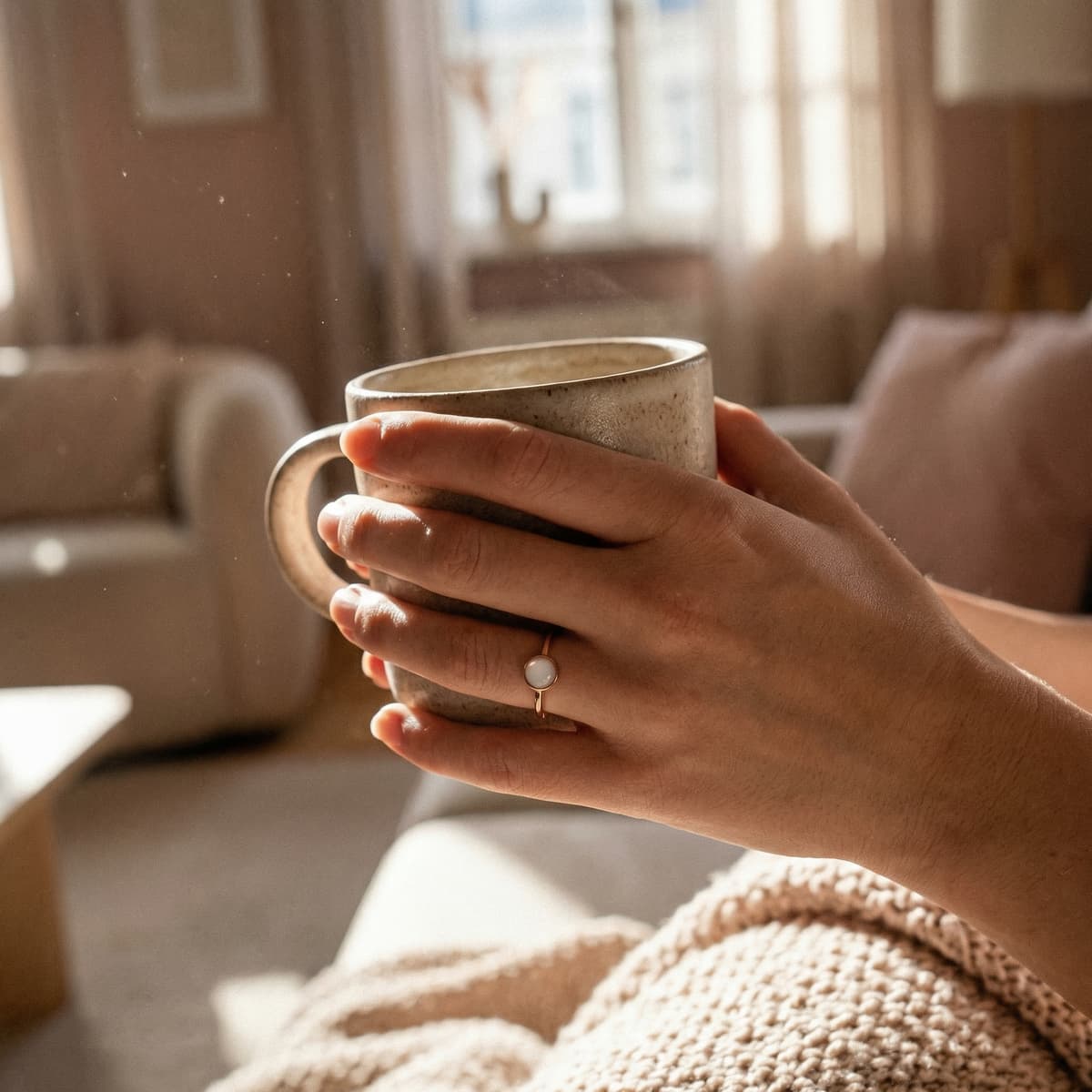 Hands holding a ceramic mug in soft morning light, showcasing a delicate gold breastmilk ring with a milky-white stone in a cozy home setting.