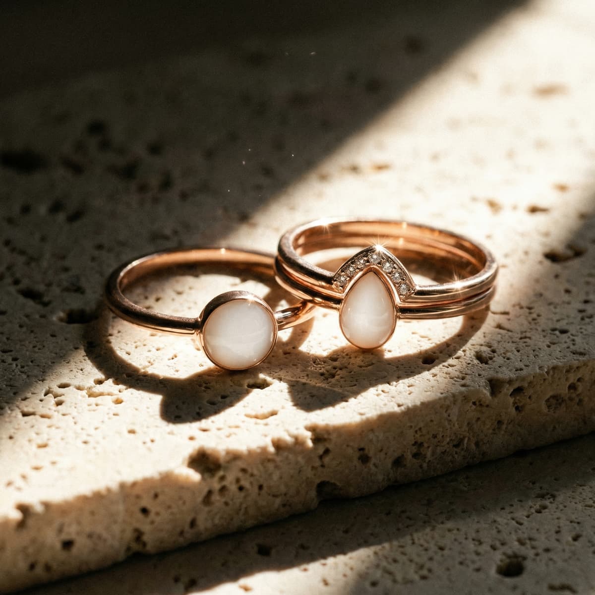 Two rose-gold keepsake rings with milky white stones in teardrop settings and pavé accents, showing the finished result of a breastmilk ring diy kit on a sunlit stone surface.