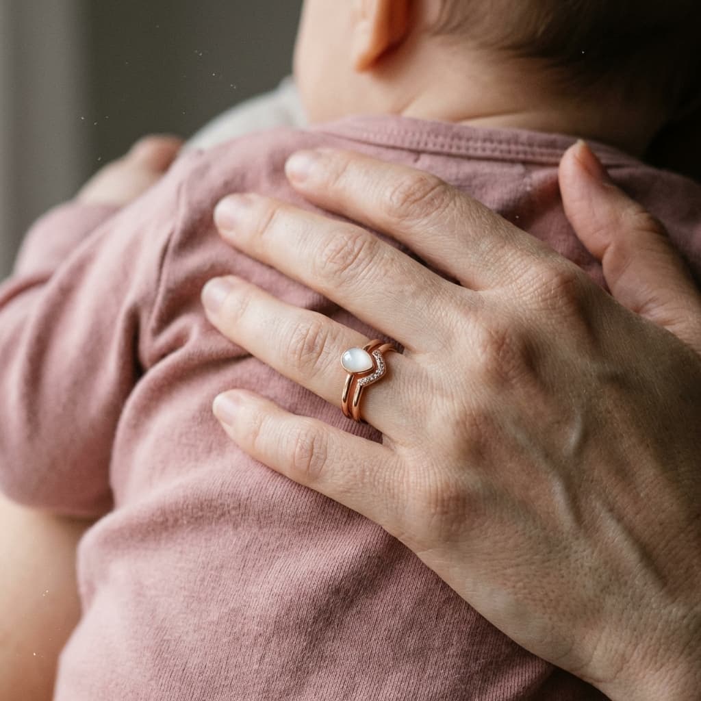 Mother holds a baby while wearing a rose-gold keepsake ring with a milky stone, showcasing a breastmilk ring diy kit for making personal nursing memory jewelry at home.