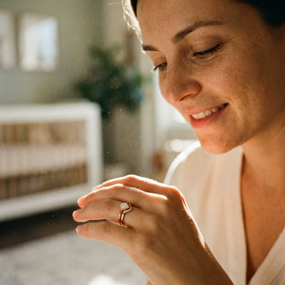 Smiling mom admiring a finished keepsake ring made with a breastmilk ring diy kit, showing why the DIY by MILKIES at-home kit is a meaningful way to preserve a breastfeeding memory.