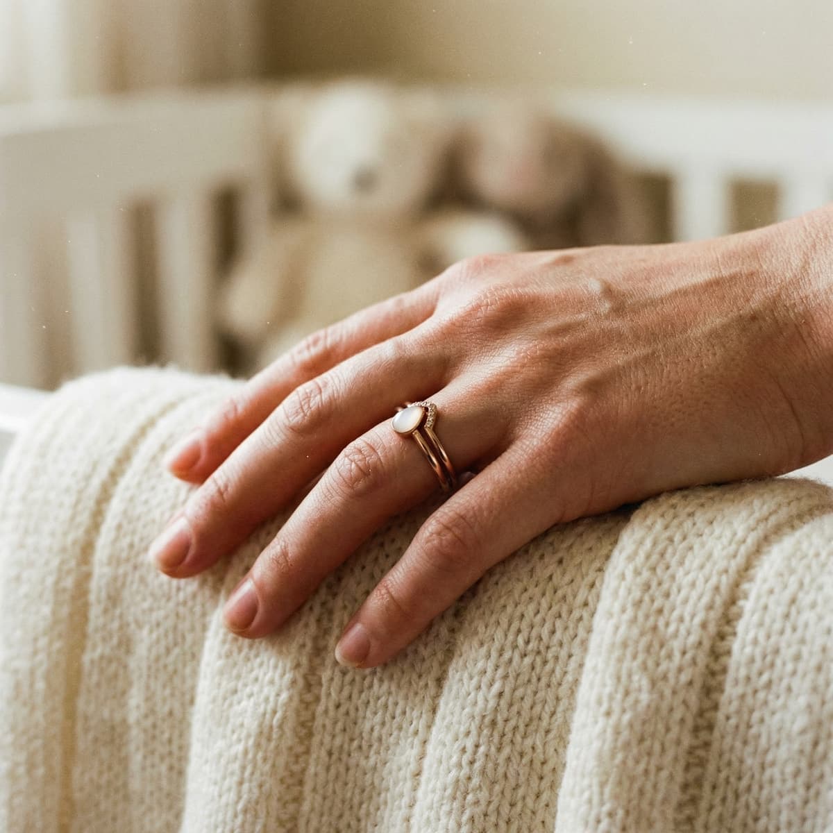 Hand resting on a cozy knitted blanket, wearing a gold breastmilk keepsake ring with a milky white stone made using a breastmilk ring kit.