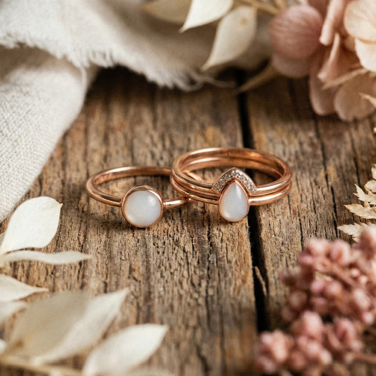 Rose gold keepsake rings with milky white resin stones on a rustic wooden surface with dried flowers, showing results made with a breastmilk ring making kit.