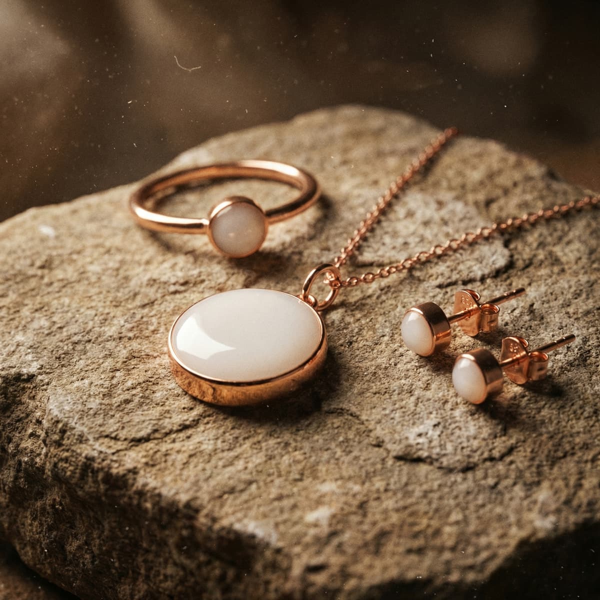 Rose gold ring, pendant necklace, and stud earrings with milky white resin stones on a textured stone surface, showcasing a diy breast milk jewellery keepsake set.