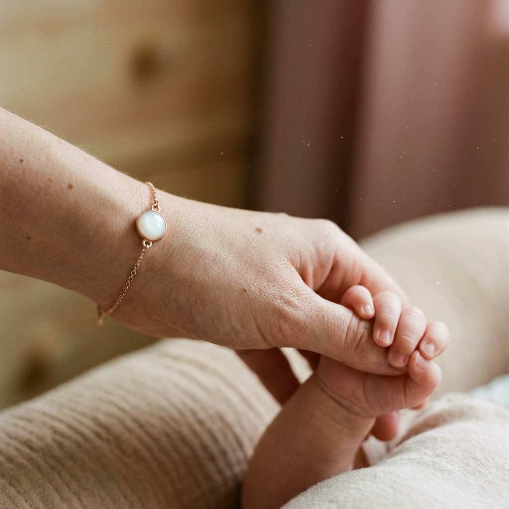 Warm lifestyle close-up of a mother holding her baby’s hand while wearing a delicate bracelet with a milky-white stone, symbolizing a diy breast milk jewellery keepsake.
