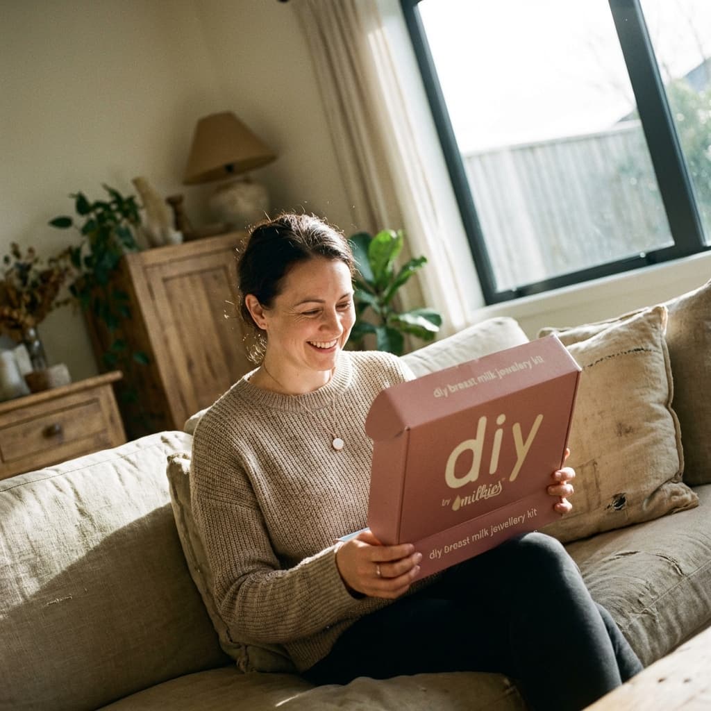 Mother smiling on a sofa while unboxing a DIY by MILKIES kit, showing why diy breast milk jewellery is a meaningful at-home keepsake with everything needed to create a personal piece.