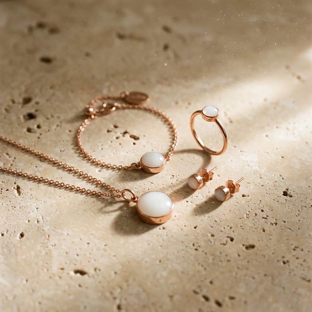 Elegant rose-gold keepsake set made with a diy breast milk jewellery kit, featuring a necklace, bracelet, ring, and stud earrings with milky-white resin stones on a warm stone background