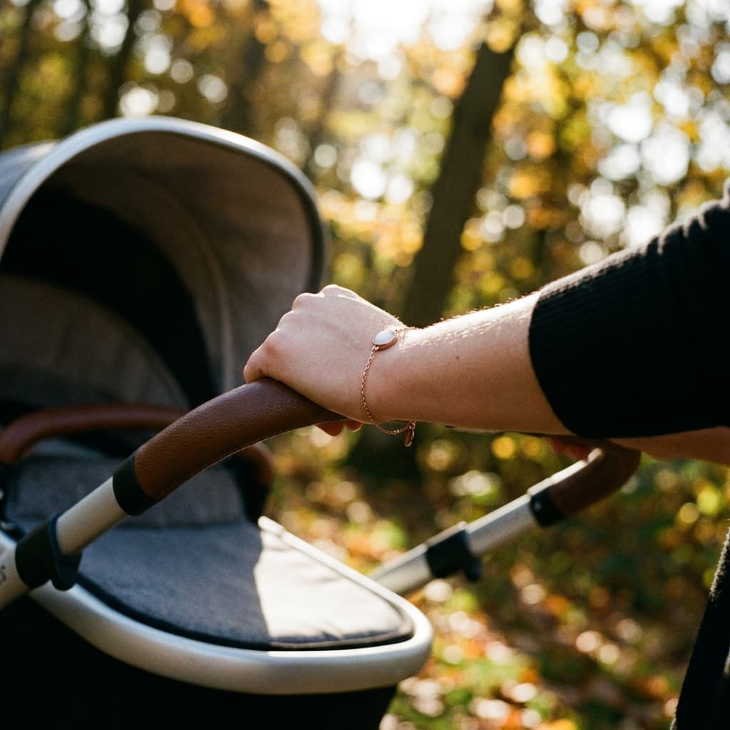Mother’s hand pushing a stroller in a sunlit park, wearing a delicate rose-gold diy breastmilk bracelet with an oval white keepsake charm.