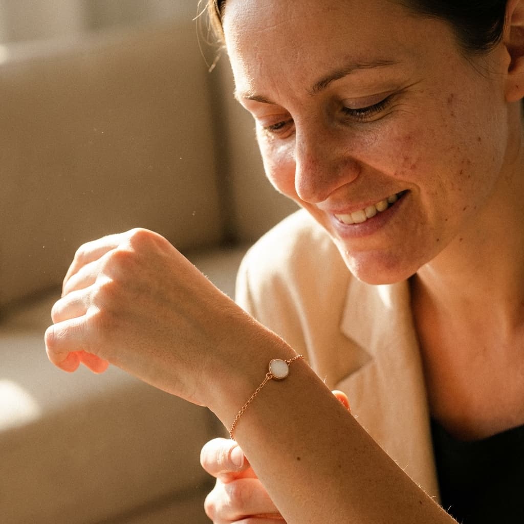 Smiling mom admiring her diy breastmilk bracelet with an oval stone charm, showing why an at-home DIY by MILKIES kit is a meaningful, private way to create a breastmilk keepsake jewelry piece