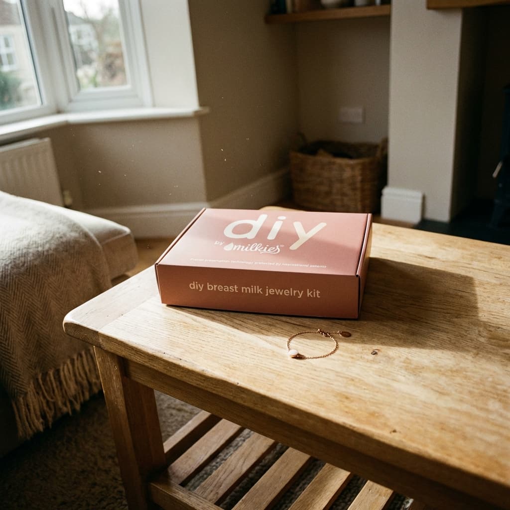 DIY by MILKIES at-home kit box on a wooden table in a cozy living room, featuring a diy breastmilk bracelet kit for making breast milk jewelry keepsakes at home.