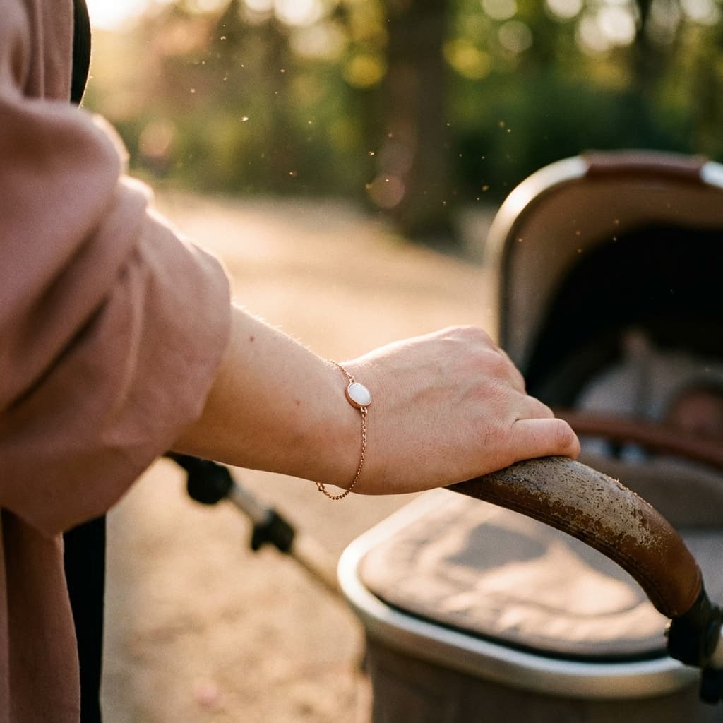 Mother’s hand pushing a stroller in warm outdoor light, wearing a delicate gold chain bracelet with a milky white stone made from a diy breastmilk bracelet kit.