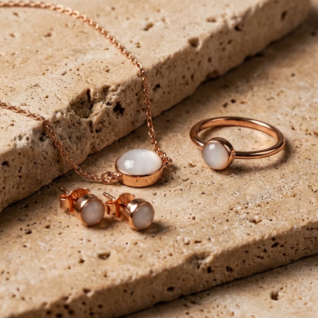 Rose gold jewelry set featuring a necklace pendant, ring, and stud earrings with milky white resin stones, showing results made with a diy breastmilk bracelet kit on a textured stone background.