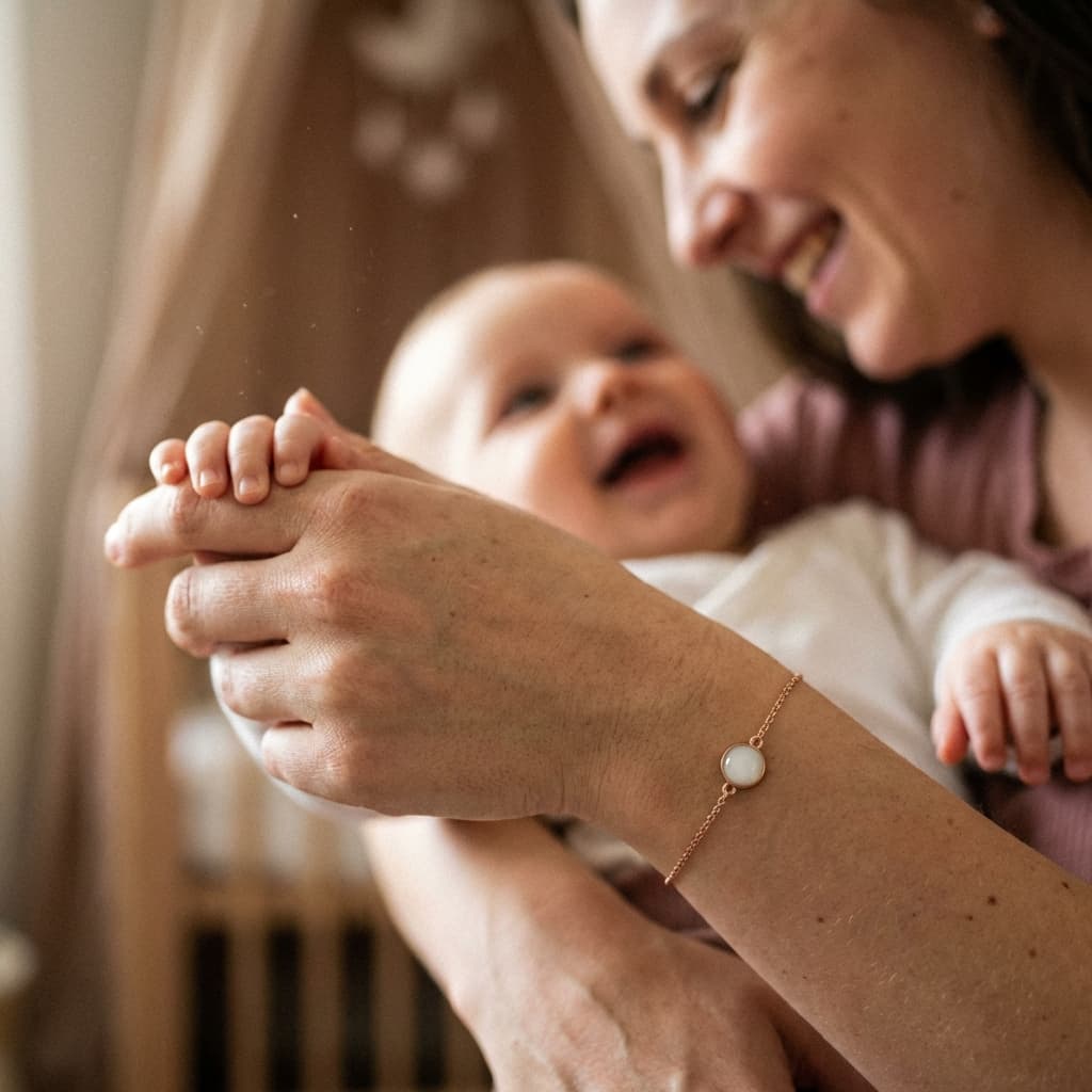 A smiling mother holding her baby’s hand while wearing a delicate keepsake bracelet, showing why a diy breastmilk bracelet kit is a meaningful at-home way to preserve motherhood memories.
