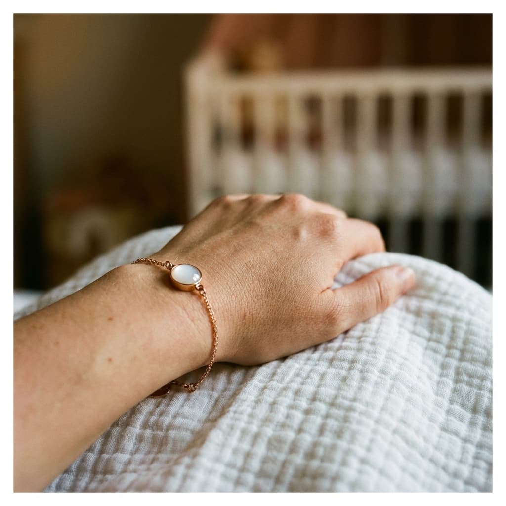 Mother’s hand resting on a white blanket in a cozy nursery, wearing a delicate rose-gold chain bracelet with an oval milky white stone, showcasing elegant diy breastmilk bracelets.