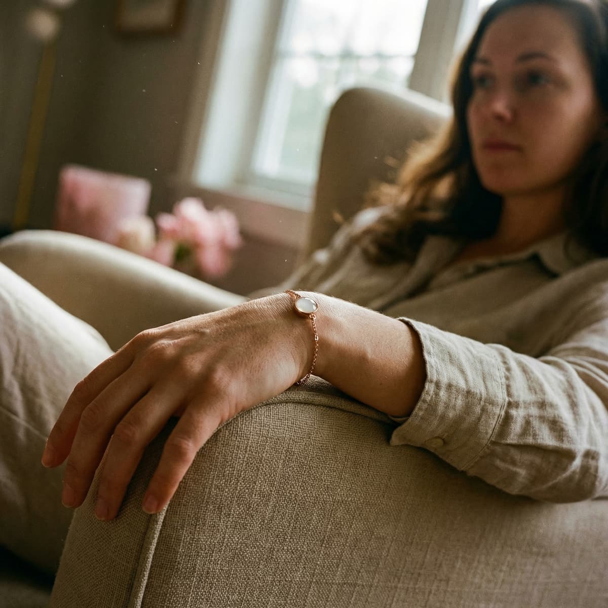 Woman relaxing on a sofa wearing a delicate rose-gold bracelet with a milky white resin stone, inspired by diy breastmilk bracelets as a meaningful keepsake.