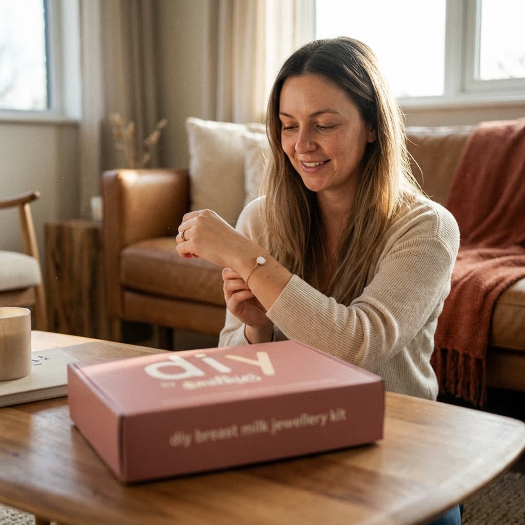 Smiling mom at home wearing a keepsake bracelet next to the DIY by MILKIES breast milk jewelry kit box, showing why diy breastmilk bracelets are a meaningful, easy at-home keepsake option.