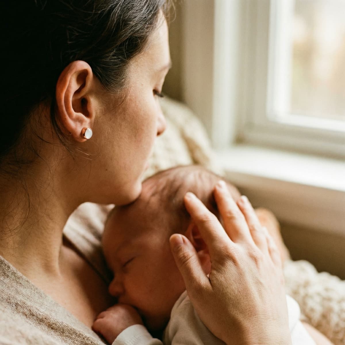 Mother cuddling a sleeping newborn by a window, wearing a simple stud showcasing a diy breastmilk earring keepsake for new moms.