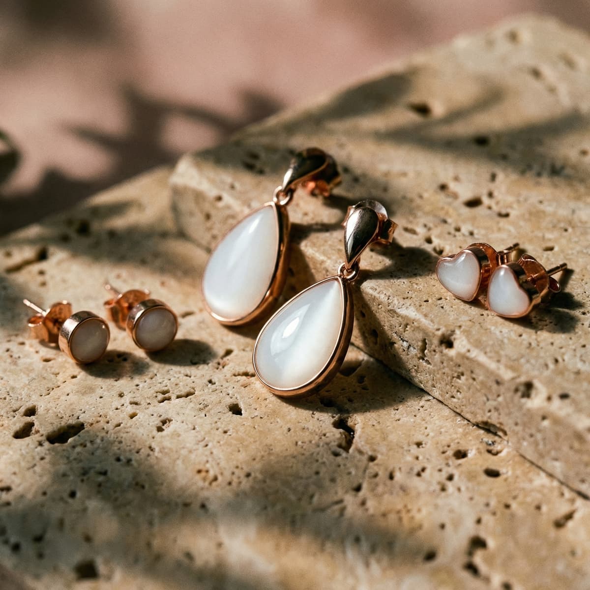 Rose gold and gold-plated keepsake earrings with milky white resin teardrop and heart studs, made using a diy breastmilk earring kit, displayed on textured stone.