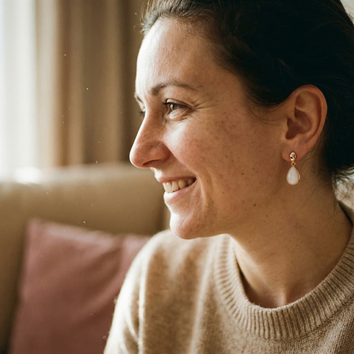 Smiling mother wearing a delicate teardrop breastmilk keepsake earring, showcasing why an at-home diy breastmilk earring kit from DIY by MILKIES is a meaningful choice for preserving a special milestone.