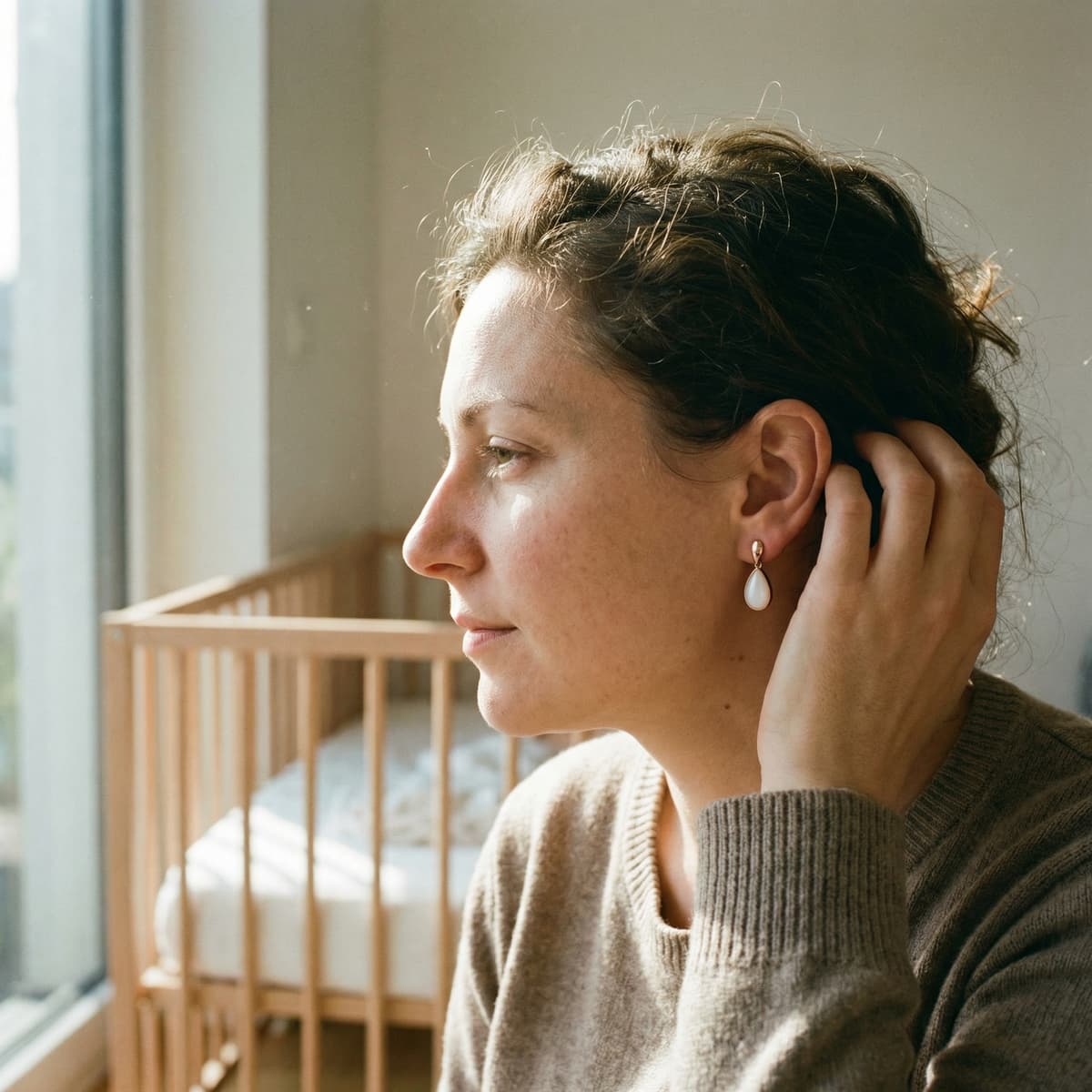 Mother wearing DIY breastmilk earrings—white teardrop resin studs in a gold setting—sitting by a sunlit window with a baby crib in the background.