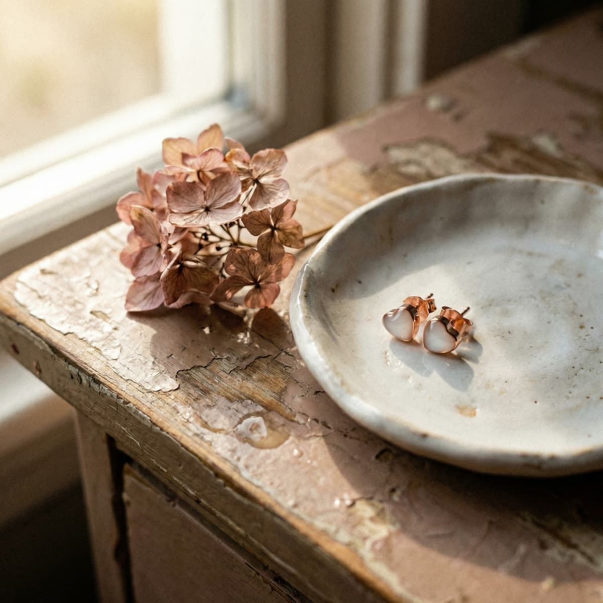 Rose-gold heart stud earrings made with a DIY breastmilk earrings kit, featuring milky white resin stones displayed on a ceramic dish with dried flowers on a rustic windowsill.