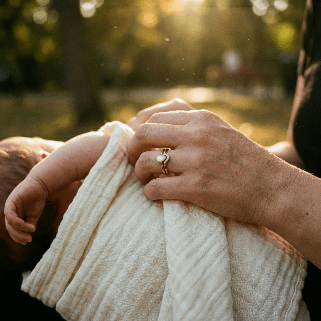 Mother holding a newborn in warm sunset light, wearing a gold ring with a milky-white stone, highlighting diy breastmilk jewellery as a sentimental keepsake.