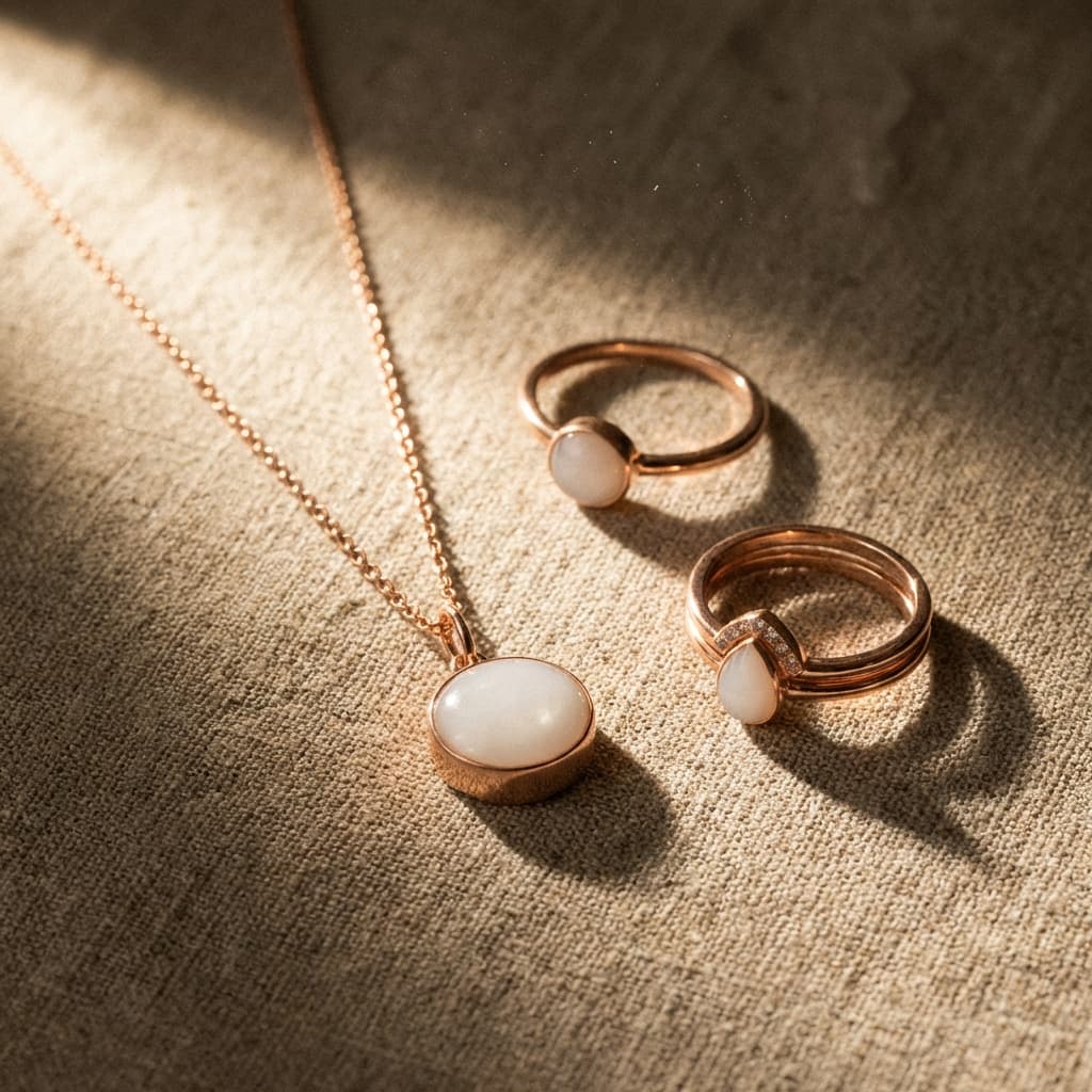 Rose gold necklace pendant and two matching rings with milky white stones on textured fabric in warm sunlight, showcasing diy breastmilk jewellery keepsake pieces.